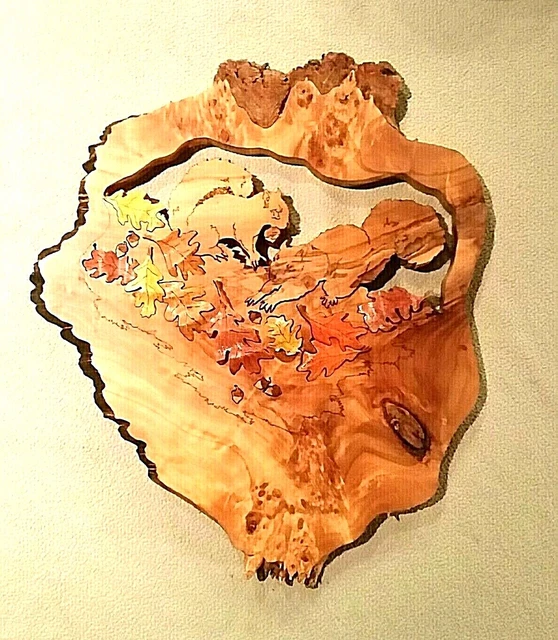 Wood Burl Art Piece - Fret Cut - Leaf, Acorn & Squirrel Scroll Pattern Live Edge
