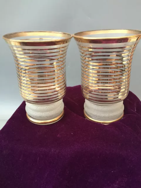 PAIR 1950's GOLD GILDED SUGAR FROSTED GLASS VASES