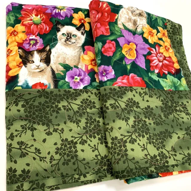 Kittens in the Flower Bed - Green QUILT THROW RUG 110x150cm Handcrafted, As New
