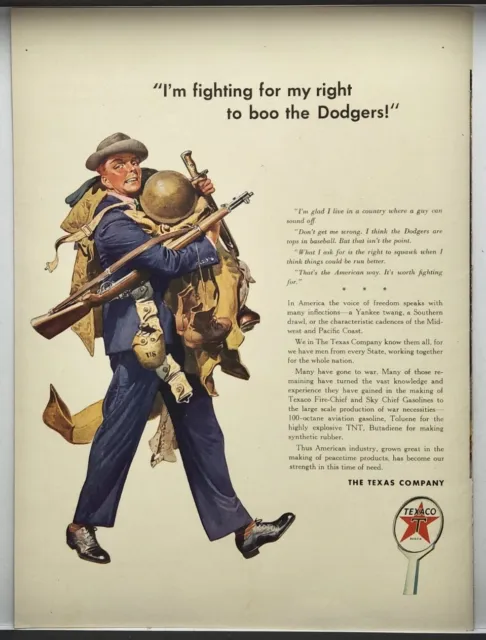 1942 Texaco Fire Chief Dealer Dodgers US Soldiers Vtg WWII Era Color Print Ad