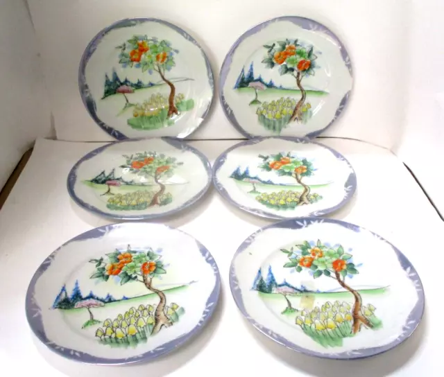 6 Vintage Japan Plates Flowers Mushrooms Trees .. 7" wide