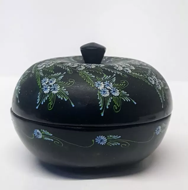 Vintage Thai Hand Painted Flowers on Black Lacquered Wooden Trinket Box VGC