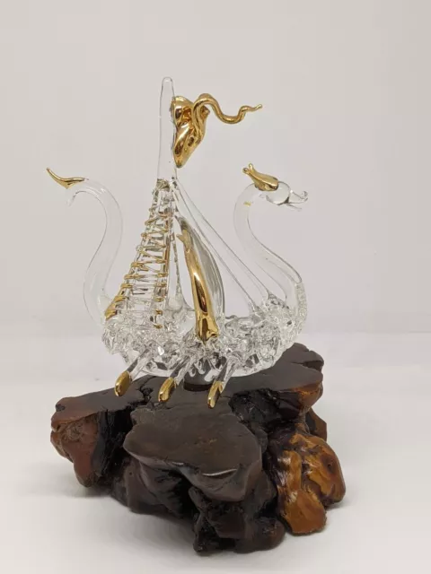 Hand Blown/ Spun  Glass Dragon Boat on Wood base