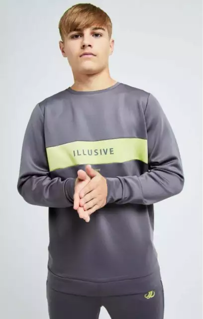 Illusive London Boys Blaze Crew Maglione - Grigio scuro e lime 11-12 anni