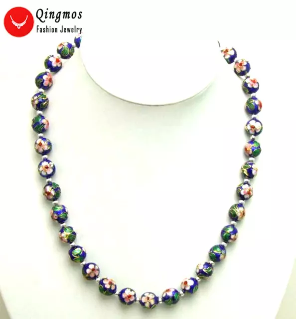 Round 12mm Blue Cloisonne Necklace for Women & Flower 20" Long Necklace Jewelry