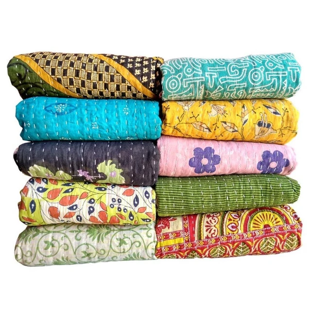 10 Piece Mix Lot of Indian Kantha Quilts Cotton Bed Cover Throw Old Sari Blanket