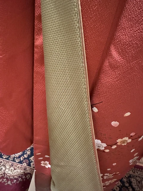 Japanese Vintage Traditional Red Silk Furisode Kimono Robe + Gold Embroidery Obi 5