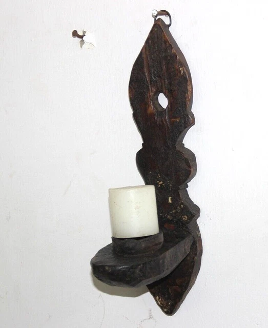 1800 Antique Wooden Candle Stand Wall Hanging Handcrafted Old Original 14662