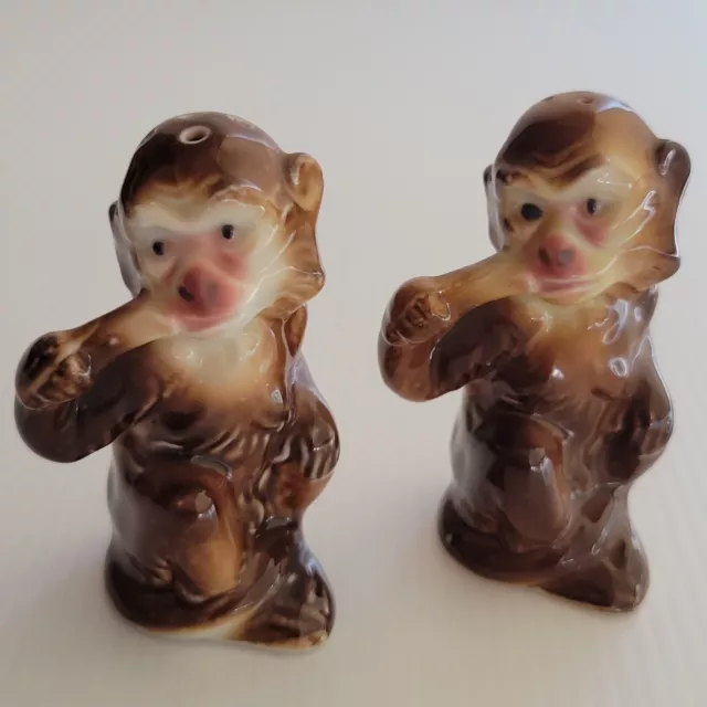 Vintage Porcelain Sitting Monkey Eating Banana Salt  Pepper Shakers Japan