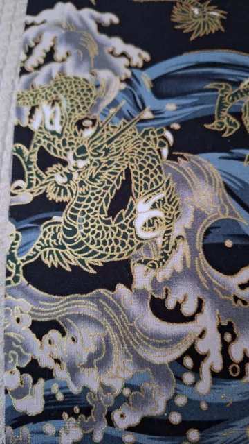 🐲Stunning  Chinese Dragon/Wave Print On Black Cotton, Shiny Gold,Approx 20X25Cm 2