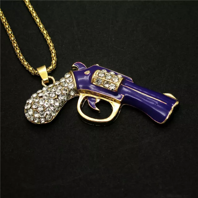 Betsey Johnson Crystal Purple Enamel Pistol Gun Revolver Pendant Chain Necklace