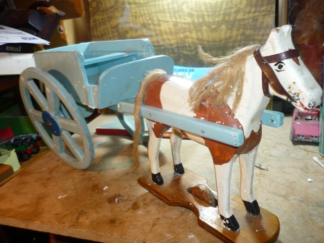 Ancien cheval en bois avec roues en fer jouet cheval à bascule en crin *1900* Brocante* - France
