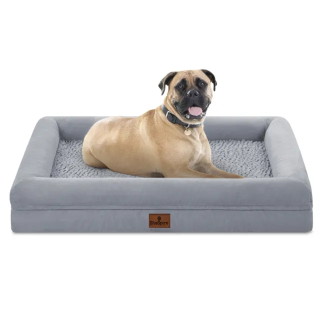 XXL Gray Dog Bed Orthopedic Memory Foam Pet Sofa with Removable Cover & Bolster