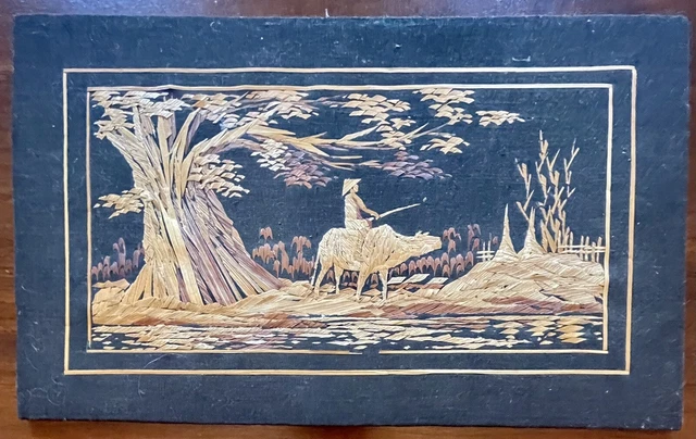 Vintage Asian Burmese Burma Straw Bamboo Art on Black Fabric Picture 8"x13"