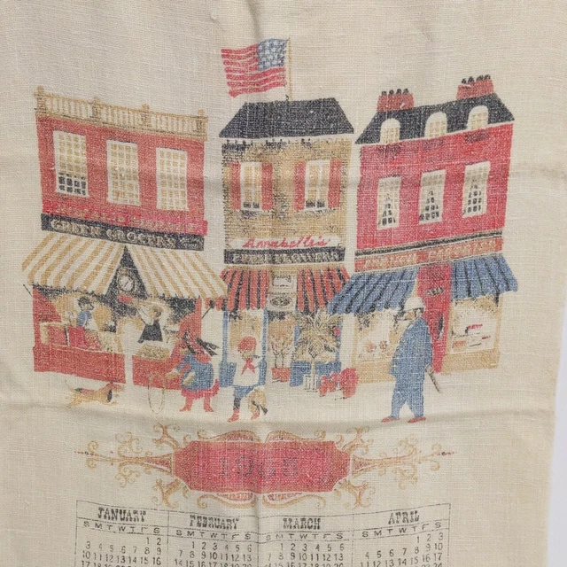 1965 CALENDAR TEA Towel Stevens 100 Linen Old Town Kids American Flag