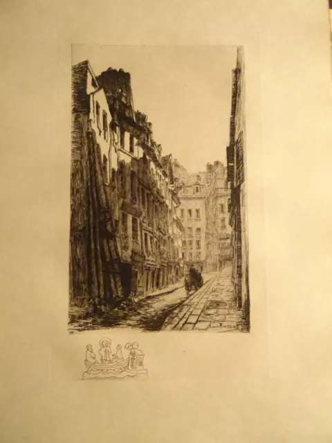 Henri TOUSSAINT (1849-1911) GRANDE EAU FORTE VIEUX PARIS RUE DOMAT SORBONNE 1900