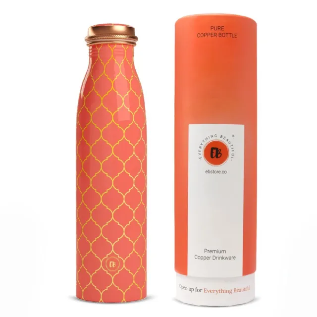 Pure Copper Water Bottle 1 Litre | Coral Gold Moroccan Print & Seamless Design