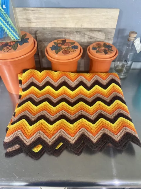 Vtg Crochet Handmade Afghan Throw Blanket Chevron 55”x36” Brown Orange MCM