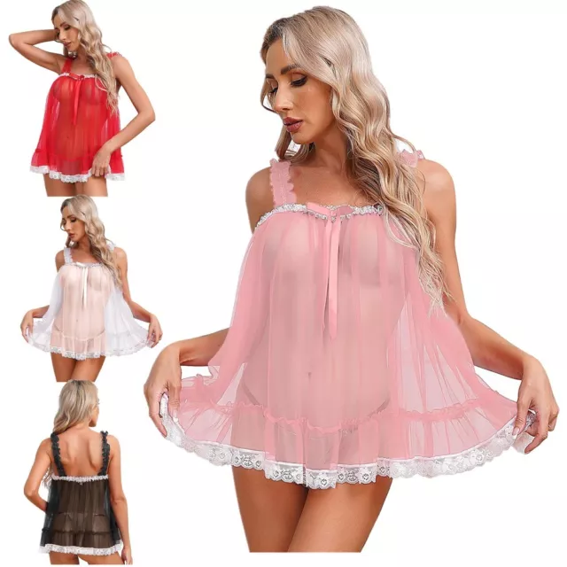 DE Damen Durchsichtig Hemd Spitze Netz Dessous Nachtwäsche Babydoll Reizwäsche 2