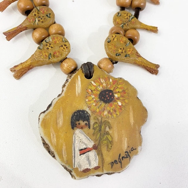 Vintage 1970’s DeGrazia Sunflower Child Hand Painted Squash Blossom Necklace