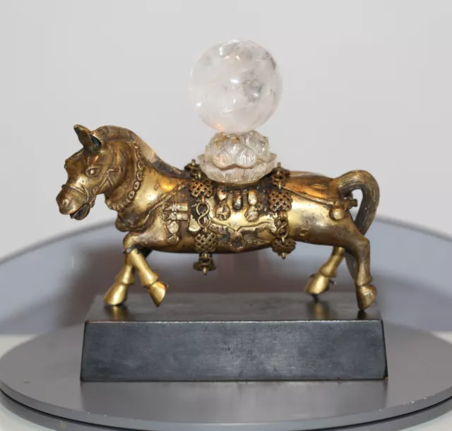 Antique Chinese Tibetan gilt bronze buddha horse & crystal ball, Qing Dynasty.