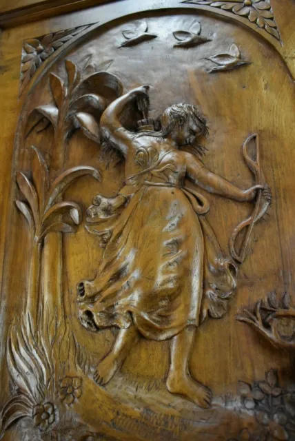 Antique French Large Hand Carved Wood Door Diana The Huntress 6