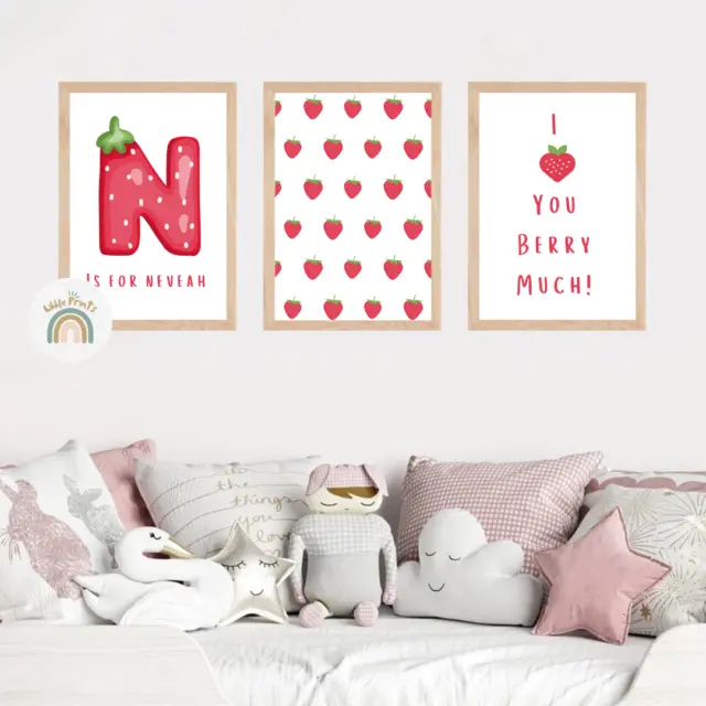 Set Of 3 Personalised Strawberry A4 Prints Girls Bedroom Decor Nursery Wall Art