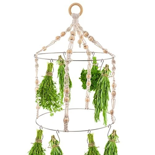 Boho Herb Drying Rack Double- Macrame Flower Drying Rack with 15 Hooks Handcr...