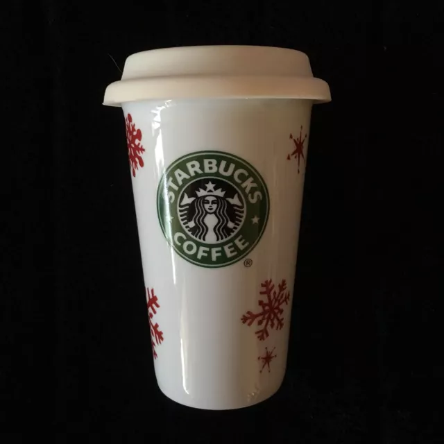 2010 Starbucks Holiday Snowflake Travel Tumbler Ceramic Coffee with Lid