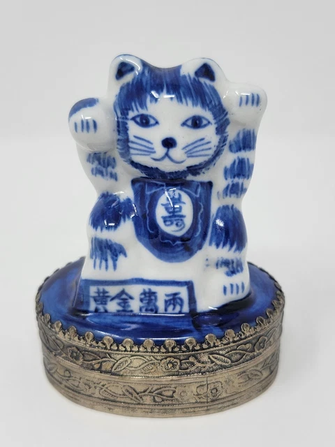 Blue White Porcelain Asian Lucky Cat Trinket Box