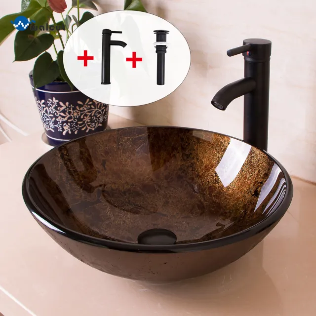 Artistic Bathroom Glass Vessel Sink Bowl Basin w/ Oil Rubbed Bronze Faucet Drain