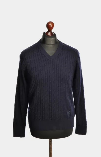 Men's Paul & Shark V Neck Jumper Navy Blue Cable Knitted Wool Size S P-P 21.5"
