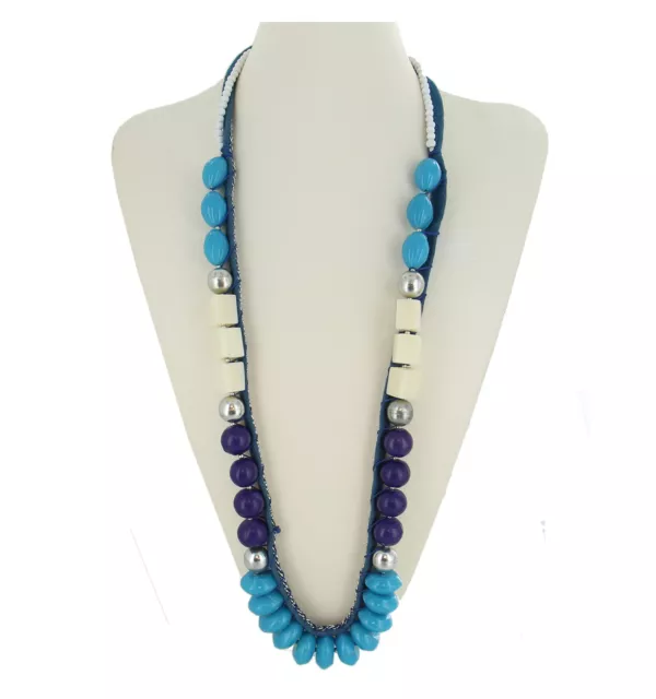 Ben Amun Teal Blue Purple Cord Chain Bead Statement Necklace 34"