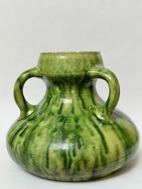 Antique Vintage Art Nouveau Arts & Crafts Green Belgium Tri Handle Pottery Vase