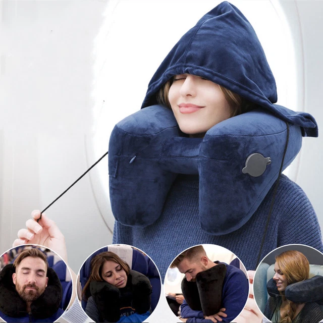 Hooded Travel Pillow H Shaped Inflatable Neck Pillow Folding Lightweight Nap Car