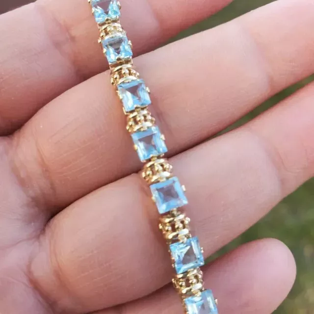 9Ct Princess Cut Aquamarine Lab-Created Bracelet Women's 14K Yellow Gold Plated