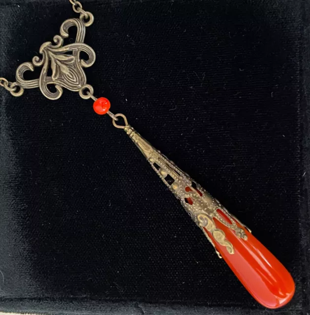 Vintage Necklace Art Nouveau Deep Orange Czech Glass Lavalier Pendant