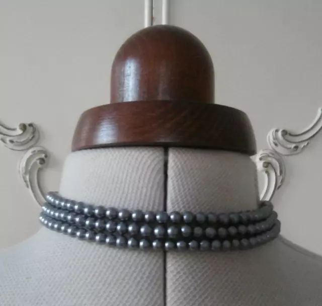 BN Vintage 1950's 3-String Dark Grey Glass Faux-Pearl Choker  Genuine Deadstock