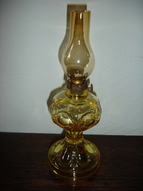 Antique Miniature Bullseye Pattern Amber Oil Lamp Matching Chimney
