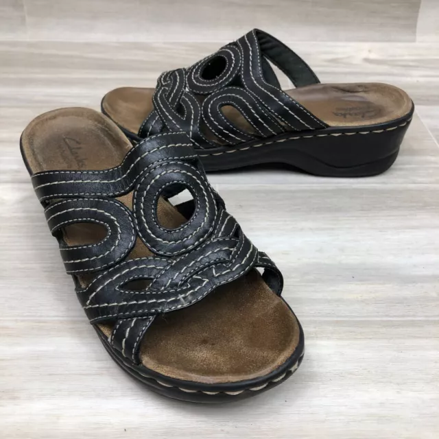 Clarks Artisan Leather Sandals Open Toe Slip On Womens Size 8 Brown 2" Shoes