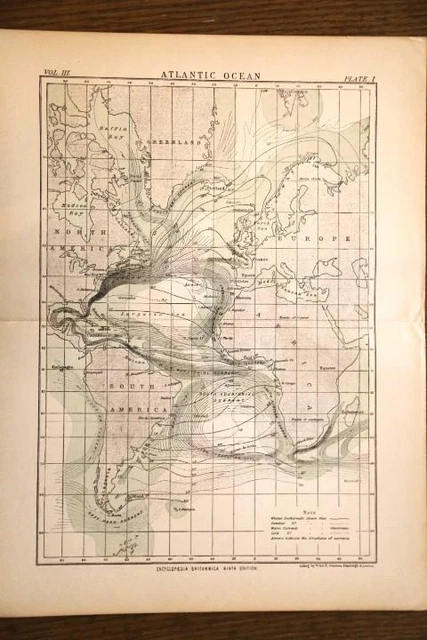 1885 Rare Antique Encyclopaedia Britannica Map-Atlantic Ocean-Excellent Detail