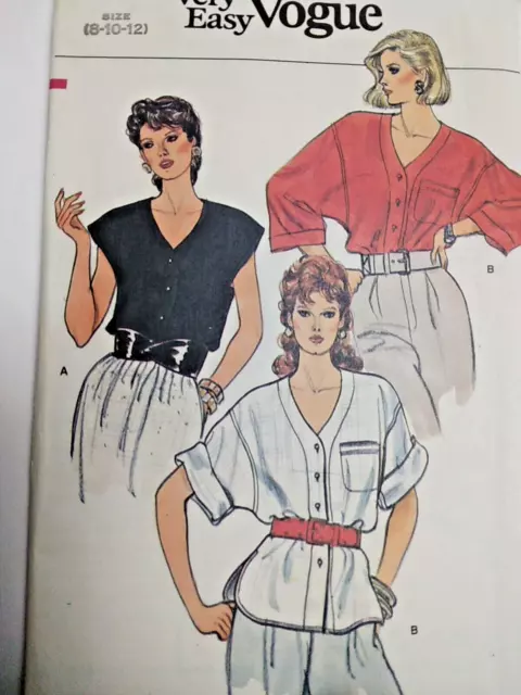 Blusa Botón Arriba Camisa Top 8 10 12 Patrón de Costura 8717 Vogue Muy Fácil Vtg