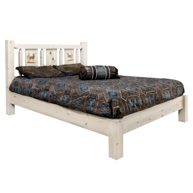 Rustic Platform Bed FARMHOUSE KING Etching on Headboard Western Amish Made USA
