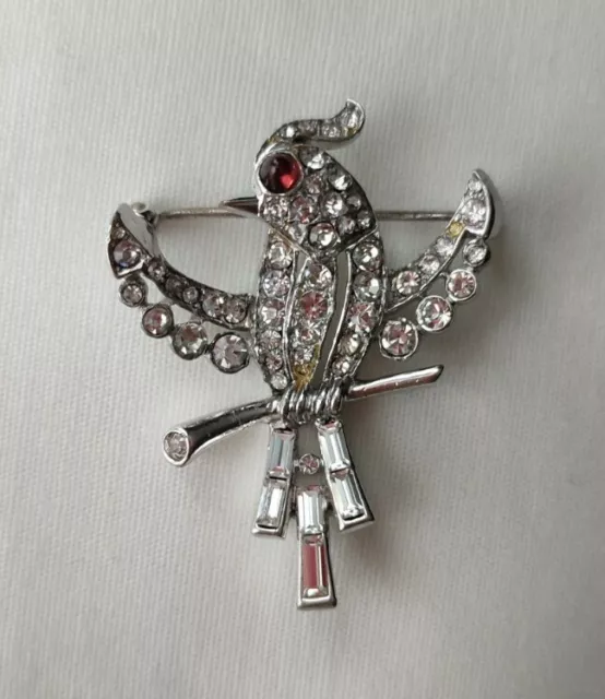 Gorgeous Vintage Crown Trifari Alfred Philippe Pave' Red Cab Eye Bird Brooch