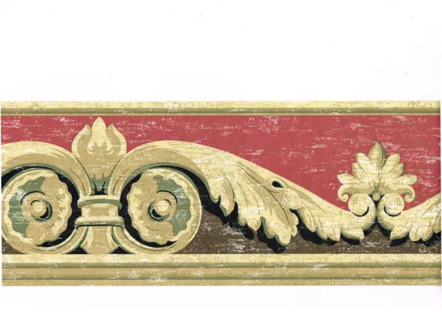 Architectural Acanthus Leaf Scroll Distressed Red Black Beige Wall paper Border