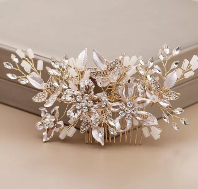 Bridesmaid Bridal Wedding Party Prom Gold Floral Pearl Crystal Leaf Hair Comb