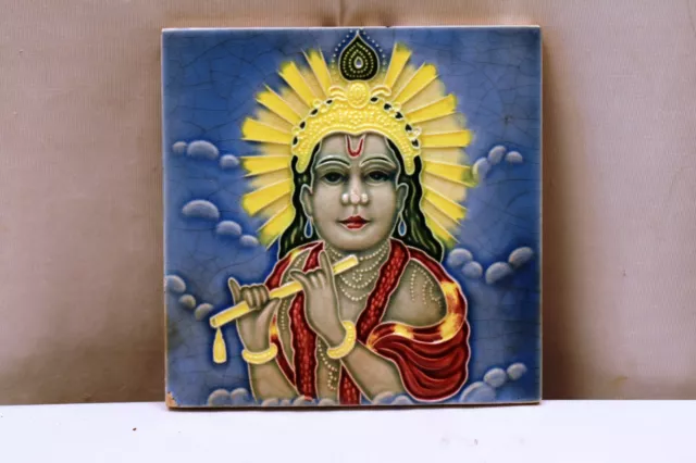 Ancien Carreau Art Nouveau Majolique Japon Lord Krishna Jouer La Flute Porcel "