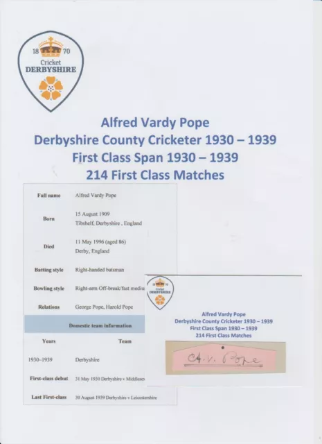 Alfred Pope Derbyshire County Cricketer 1930-1939 Rare Orig Hand Signed Cutting