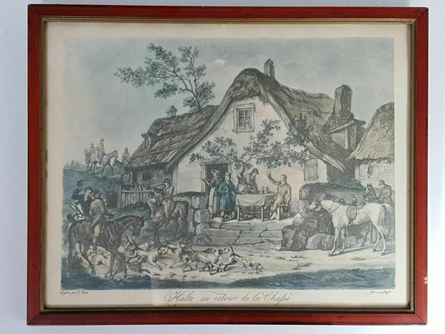Gravure ancienne Halte au retour de la Chasse Vernet cadre bois sous verre 19e s