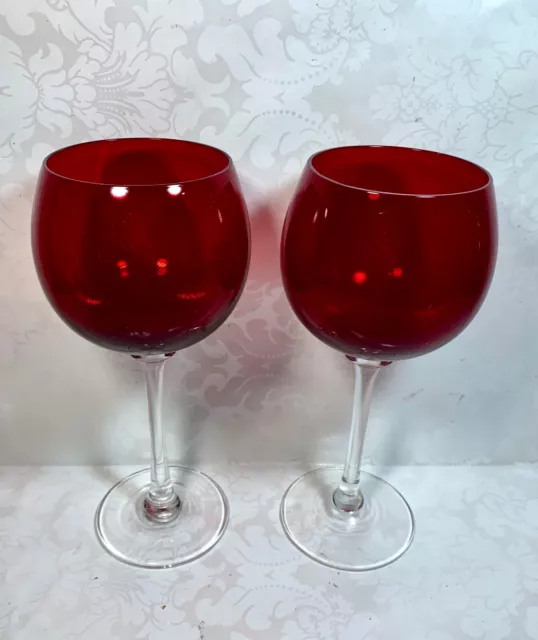 Set Of 2 Vintage Hand Blown Ruby Red Pier 1 Balloon Wine Goblets Clear Stems 2